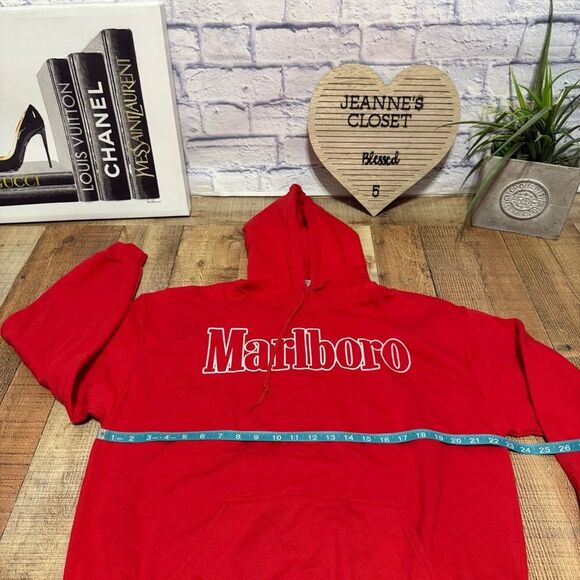 Vintage 90’s Marlboro Logo Red Drawstring Hoodie Sweatshirt Size L - Picture 9 of 13